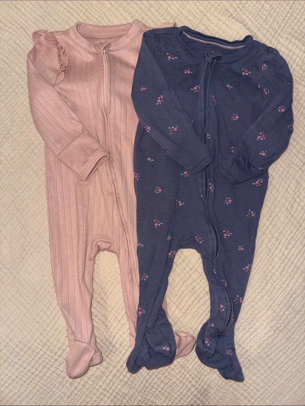 cloud island Pink Ribbed & Navy Floral Footed One-Piece Set